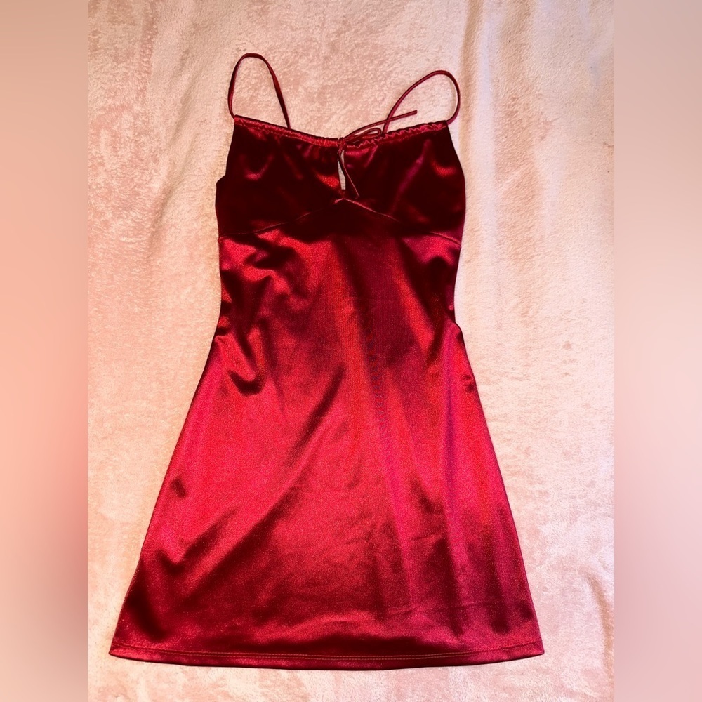 Women's Red Satin Sleeveless Spaghetti Strap Mini Dress Side Slit Size Small (4)
